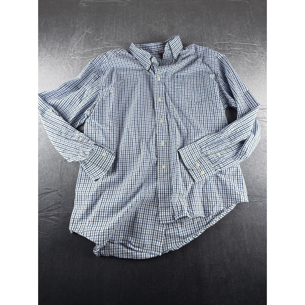 IZOD Men's Large Blue White Check Button Up Shirt Long Sleeve Cotton Preppy